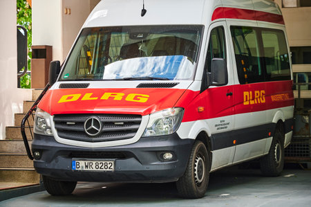 Berlin, Germany - May 27, 2021: Emergency vehicle of the German Life Rescue Society (DLRG) near the...