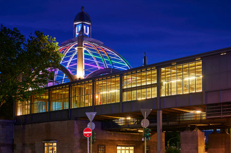 Berlin; Germany - June 23; 2021: Night shot at Nollendorfplatz subway station with a rainbow-colored dome on the occasion of Christopher Street Day.のeditorial素材