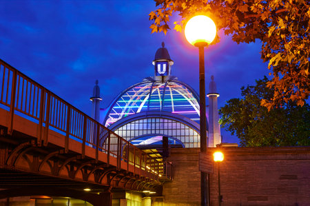 Berlin; Germany - June 23; 2021: Night shot at Nollendorfplatz subway station with a rainbow-colored dome on the occasion of Christopher Street Day.のeditorial素材