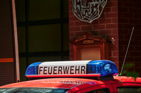 Berlin; Germany - June 26; 2021: View to the roof of a fire engine with blue lights.