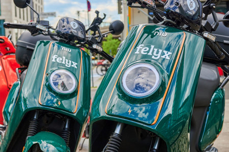 Berlin, Germany - July 29, 2021: Moped with electric drive for rent in Berlin.のeditorial素材
