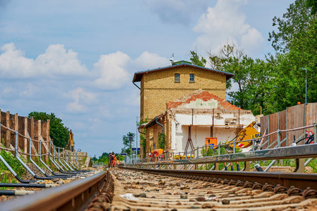 Berlin, Germany - August 5, 2021: Construction site at the new Dresden railway line in the south of Berlin, Germany.のeditorial素材