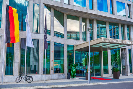 Berlin, Germany - July 29, 2021: Modern facade of a building belonging to the Steigenberger hotel chain.のeditorial素材