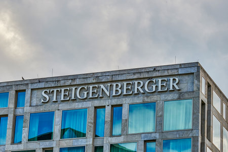 Berlin, Germany - July 29, 2021: Modern facade of a building belonging to the Steigenberger hotel chain.のeditorial素材