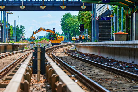 Berlin, Germany - August 6, 2021: Looking through a train station at machines that are working on the track bed. The background is blurry due to the intense heat.のeditorial素材