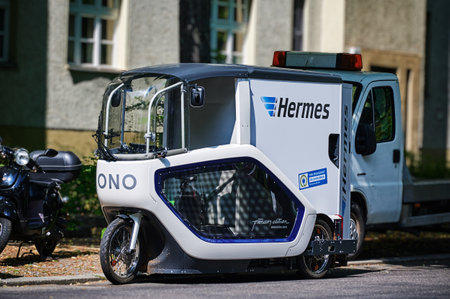 Berlin, Germany - July 3, 2021: An electrically powered cargo bike called Pedal Assisted Transporter (PAT) from the logistics service provider Hermes Germany in use in downtown Berlin.のeditorial素材