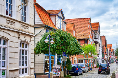 Dannenberg, Germany - September 20, 2021: View to the cityscape of the German medieval town Dannenberg with historical buildings.のeditorial素材