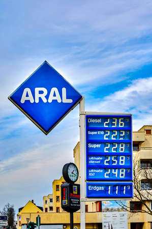 Berlin, Germany - March 14, 2022: View to the price board of an Aral Group gas station with...