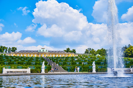 Potsdam, Germany - July 3, 2021: View to part of the park from the 18th century Sanssouci Palace.のeditorial素材