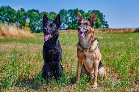 Two shepherd dogs, one black and one black and brown, are sitting in a meadow.の写真素材