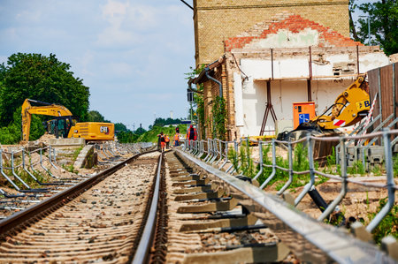 Berlin, Germany - August 5, 2021: Construction site at the new Dresden railway line in the south of Berlin, Germany.のeditorial素材