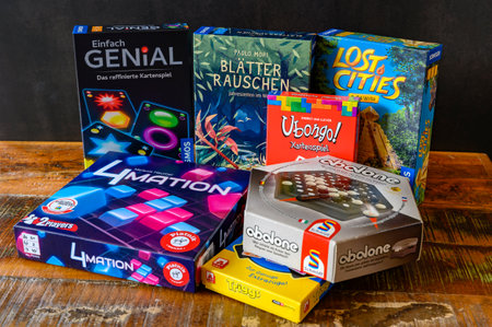 Berlin, Germany - March 13, 2023: Different boxes of board games.のeditorial素材