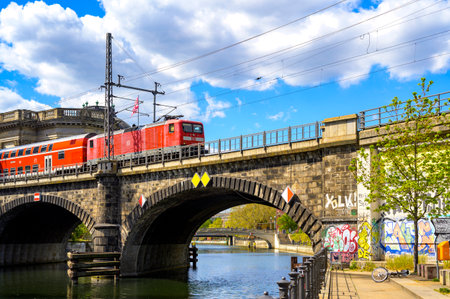 Berlin, Germany - April 26, 2020: Rail traffic in the center of Berlin near the Berlin Museum Island.のeditorial素材