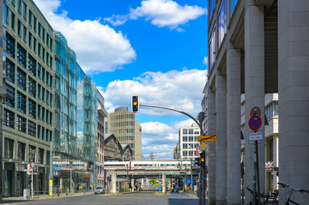Berlin, Germany - April 26, 2020: View to the Friedrichstrasse in downtown Berlin with a train in the center of the photo.のeditorial素材