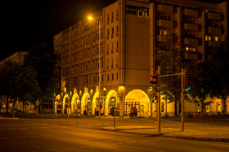 Berlin, Germany - August 3, 2019: Night shot of an illuminated restaurant in the Nikolaiviertel in downtown Berlin.のeditorial素材