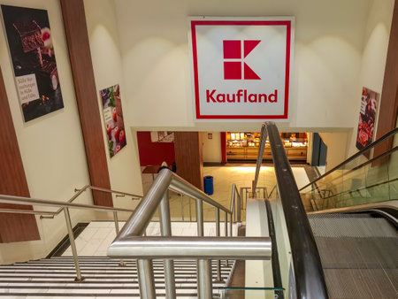 Berlin, Germany - May 25, 2022: Interior shot of the entrance area of a supermarket in Berlin, Germany.のeditorial素材