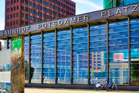Berlin, Germany - May 8, 2020: Train station and skyscrapers at Potsdamer Platz in Berlin, Germany.のeditorial素材