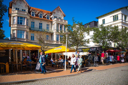 Bansin, Germany - September 13, 2019: City life in the pedestrian zone of the Kaiserbad Bansin on the island of Usedom.のeditorial素材