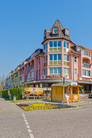 Mahlow, Germany - April 21, 2023: Street view with shops in a small town south of Berlin.のeditorial素材