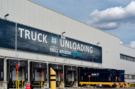 Berlin, Germany - July 30, 2023: View to the unloading zone of a logistics center of a large online retailer.のeditorial素材