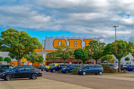 Rangsdorf, Germany - November 01, 2023: Parking lot in front of a hardware store in Germany.のeditorial素材