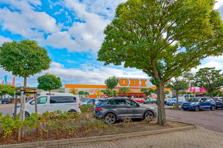 Rangsdorf, Germany - November 01, 2023: Parking lot in front of a hardware store in Germany.のeditorial素材
