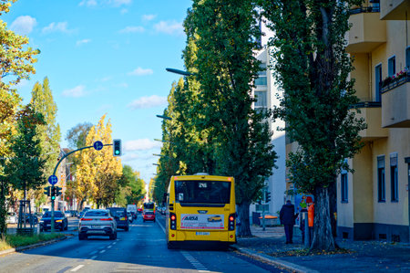 Berlin, Germany - November 04, 2023: Autumnal street scene in Berlin with traffic lights and bus.のeditorial素材
