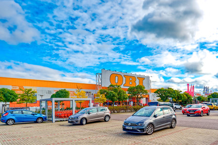 Rangsdorf, Germany - November 01, 2023: Parking lot in front of a hardware store in Germany.のeditorial素材