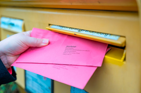 A man's hand putting the documents for the postal vote of the Berlin House of Representatives in a mailbox.の写真素材