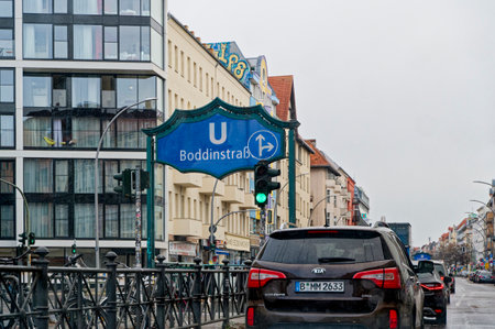 Berlin, Germany - January 1, 2024: Cityscape with a main street in Berlin-Neukoelln on New Year's Day.のeditorial素材