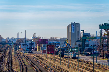 Berlin, Germany - January 28, 2024: The extensive railroad tracks and industrial buildings in the area of the Westhafen in Berlin.のeditorial素材