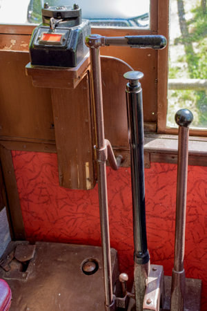 Kleinmachnow, Germany - May 6, 2018: Close-up of the interior of a historic German streetcar from 1929.のeditorial素材
