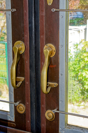 Kleinmachnow, Germany - May 6, 2018: Close-up of the interior of a historic German streetcar from 1929.のeditorial素材