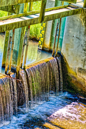 View of a small weir on a creek in the sunshine.の写真素材