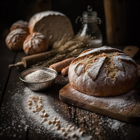 Freshly baked bread on a wooden table with flour and wheat earsの素材