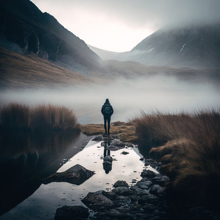 Beautiful landscape image of a man standing on a rock in a mountain stream.の素材
