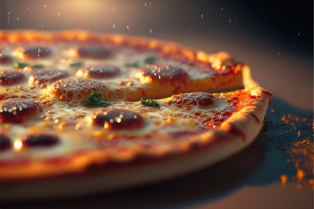 Pizza with salami and mozzarella cheese on a dark backgroundの素材