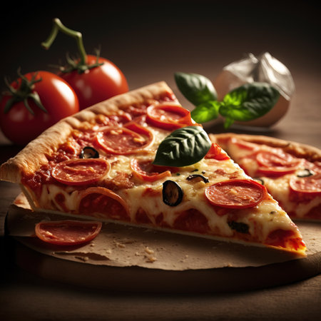 Pizza with salami and mozzarella cheese on wooden backgroundの素材