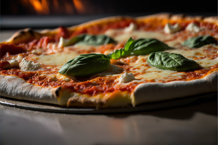 Pizza with mozzarella, basil and tomato sauce on a dark backgroundの素材