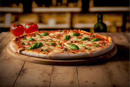 Pizza with mozzarella cheese, tomato and basil on wooden tableの素材