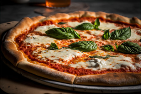 Pizza with mozzarella cheese and basil leaves on a wooden tableの素材