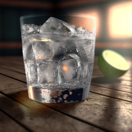 Ice cubes in a glass of water with lime on a wooden tableの素材