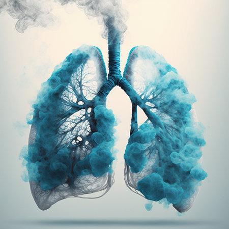 Human lungs with blue smoke on gray background. 3D illustration.の素材