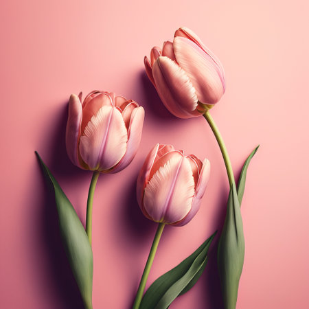 Beautiful pink tulip flowers on pink background. Flat lay, top viewの素材
