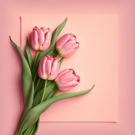 Pink tulips bouquet on pink background. Greeting card template.の素材