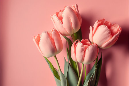 Bouquet of pink tulips on a pink background. Copy spaceの素材