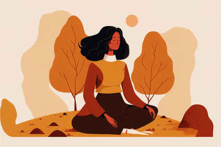 Young woman meditating in the park. Vector illustration in flat styleの素材