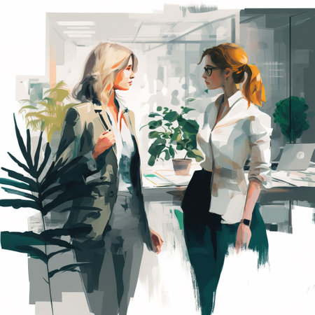 Two young businesswomen standing in the office, drawing in watercolorの素材