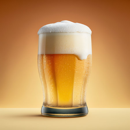 Glass of beer with foam on a yellow background. 3d illustrationの素材