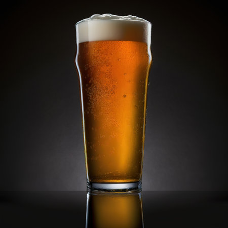Glass of beer with foam on a black background. 3d illustrationの素材